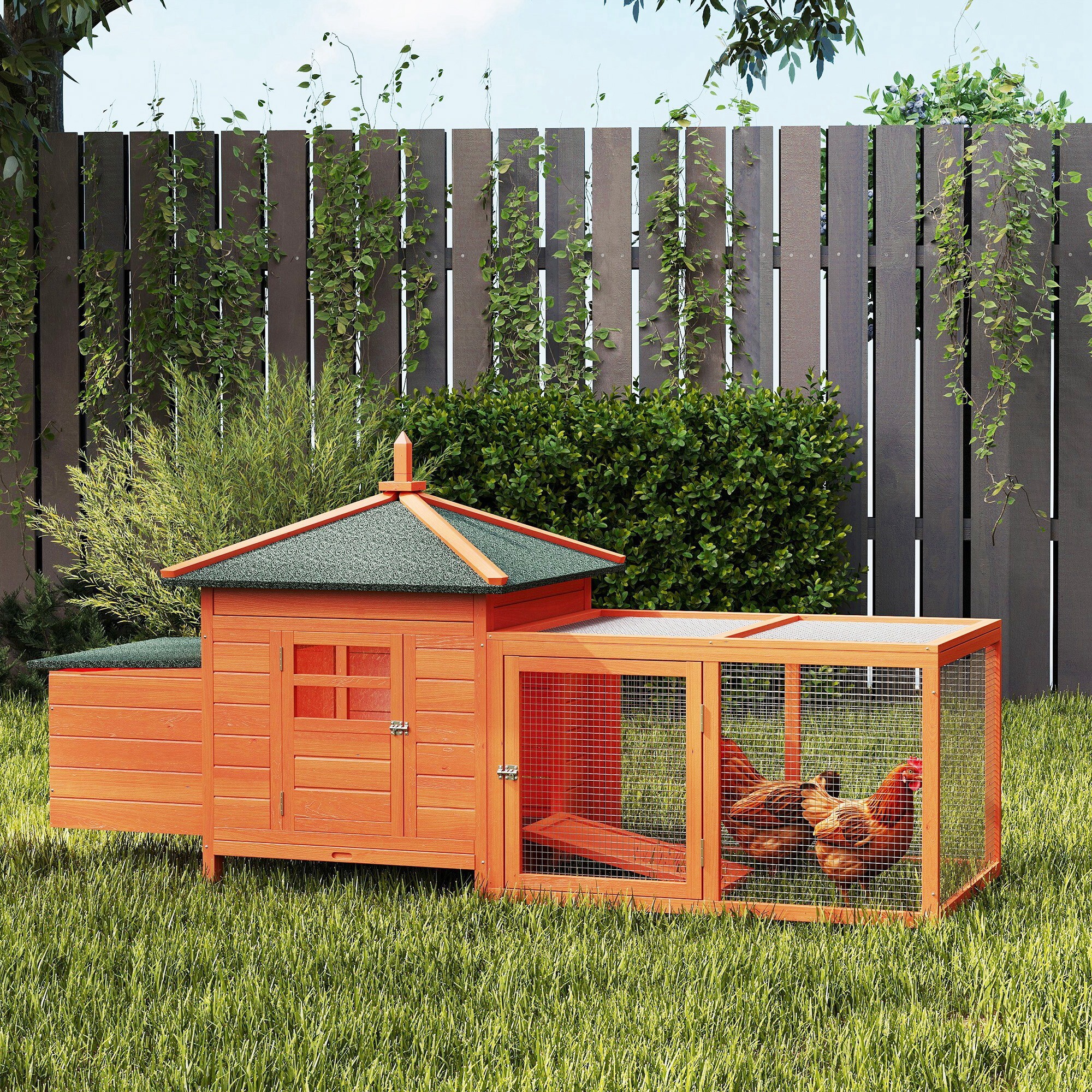 Gallinero de Madera Exterior, Jaula para Gallinas con Nidos, Corral, Bandeja Extraíble, Tapa Abatible, 196x76x97 cm, Naranja
