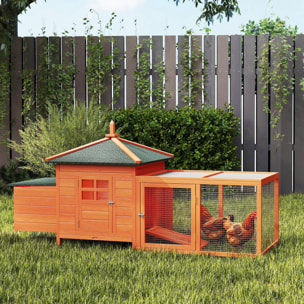 Gallinero de Madera Exterior, Jaula para Gallinas con Nidos, Corral, Bandeja Extraíble, Tapa Abatible, 196x76x97 cm, Naranja