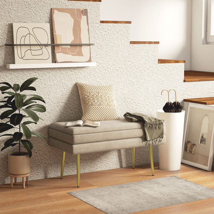 Puff Almacenaje 30L, Banco Almacenaje con Tapa Abatible y Patas de Acero, Tapizado en Terciopelo, Pie de Cama, para Dormitorio, Salón, Entrada, Carga 120 kg, 79,5x37,5x43 cm, Beige