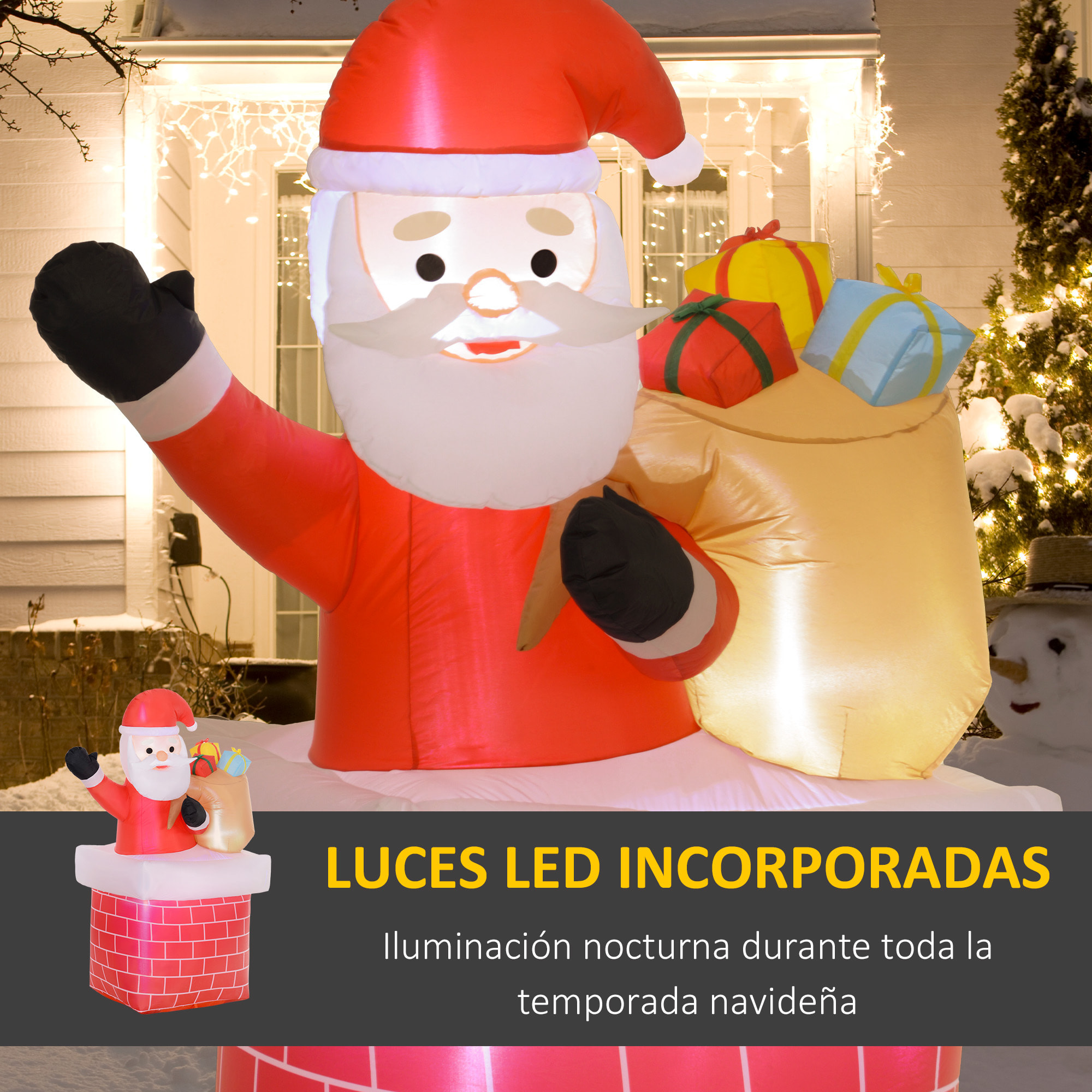 Papá Noel Inflable con Bolsa de Regalos Saliendo de una Chimenea Decoración Inflable Navideña con Luces LED para Exterior Rojo