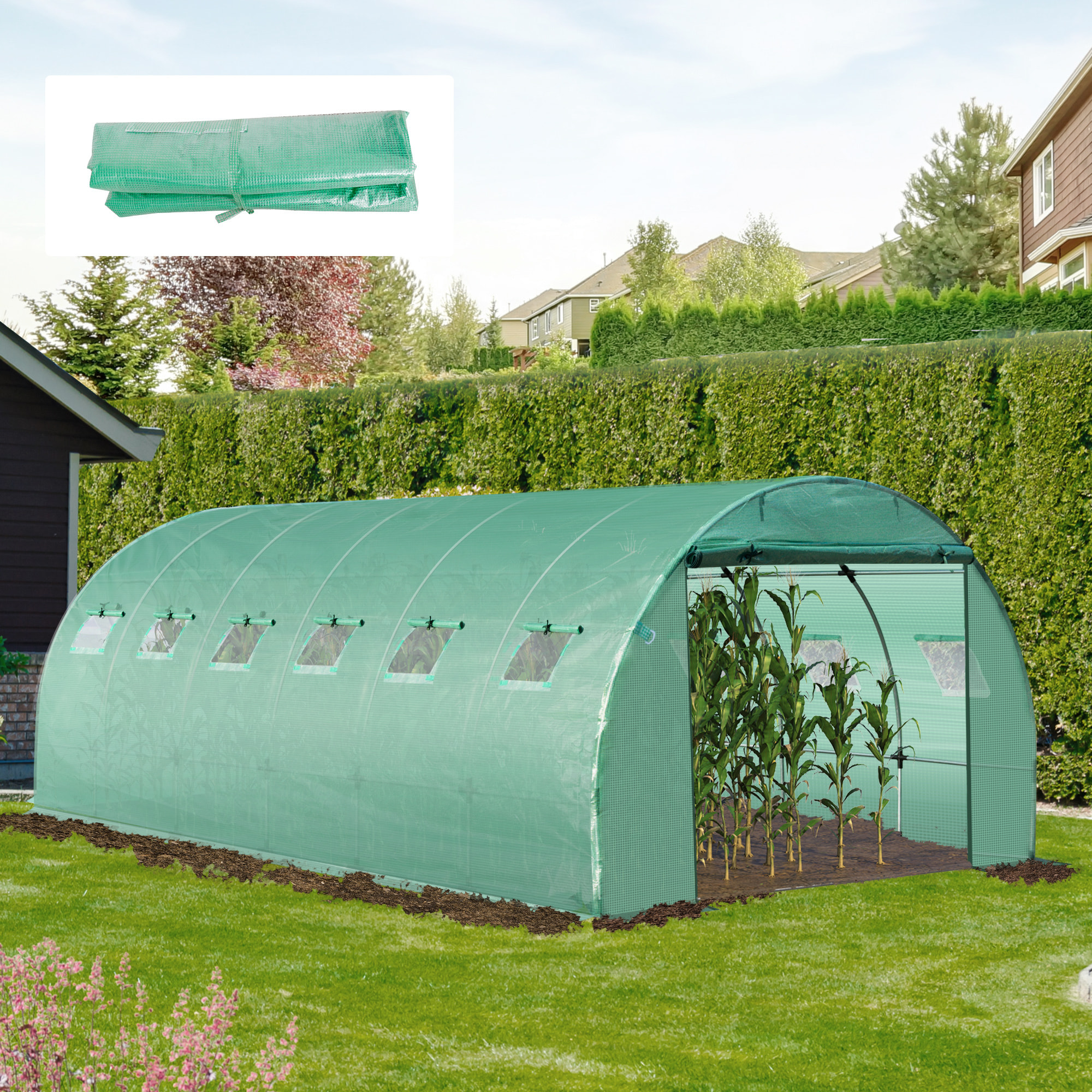 Cubierta de Invernadero de TáÂºnel 6x3x2 m Cubierta de Repuesto Invernadero Polietileno con 12 Ventanas y Puerta Enrollable Protección de Plantas para Jardín Verde
