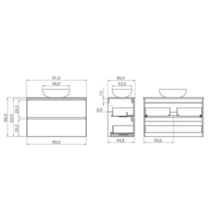 CONJUNTO DE BAÑO NIA | MUEBLE SUSPENDIDO | 90 CM GLACIAR | DOS CAJONES | LAVABO SOBREPUESTO | NO INCLUYE ESPEJO | MUEBLE MONTADO| ALDAY
