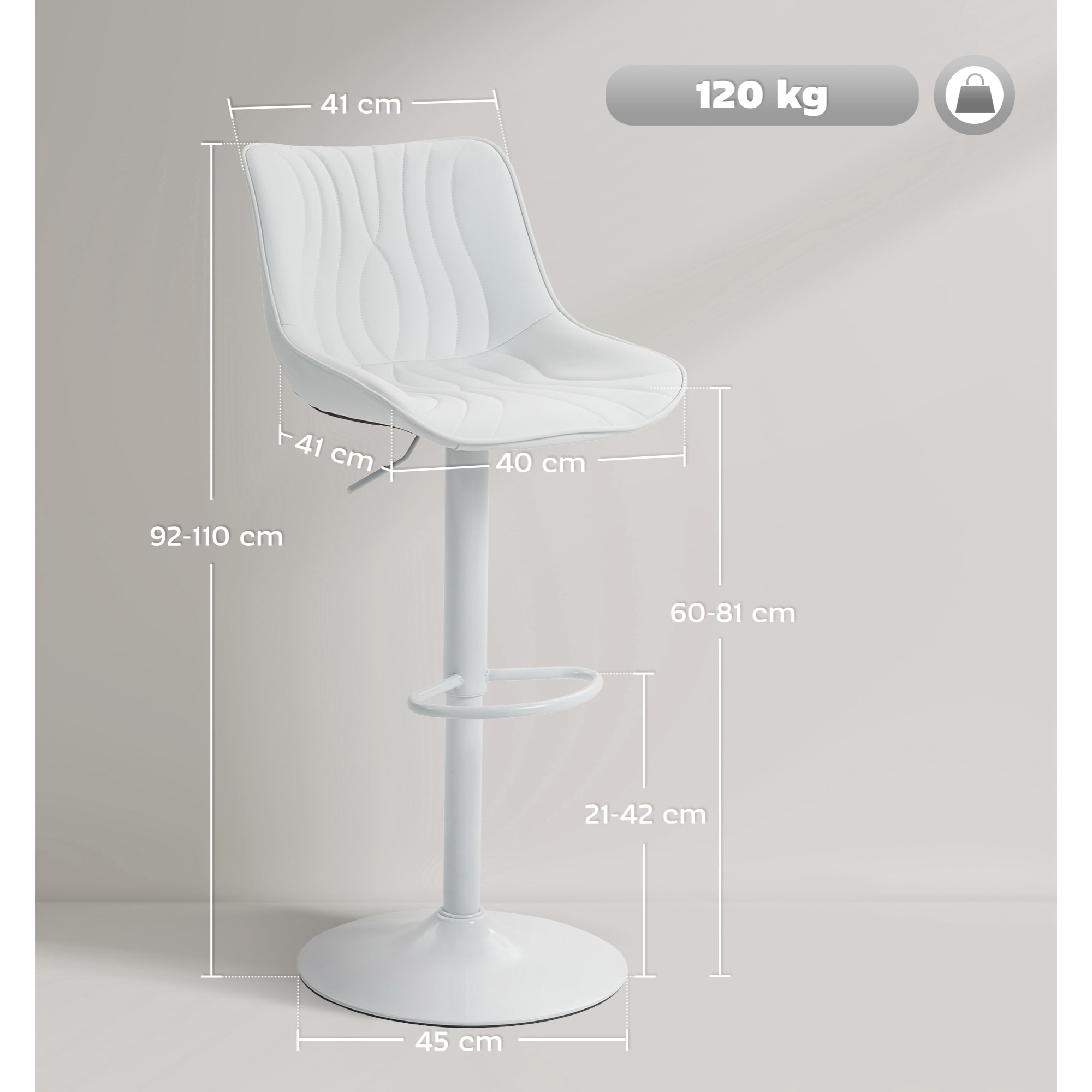 Lot de 2 tabourets de bar design réglables pivotants H.92-110 cm revêtement synthétique blanc