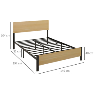 Lit double design industriel - tête de lit, pied de lit et sommier - compatible matelas 190L x 140l cm - acier noir aspect bois clair