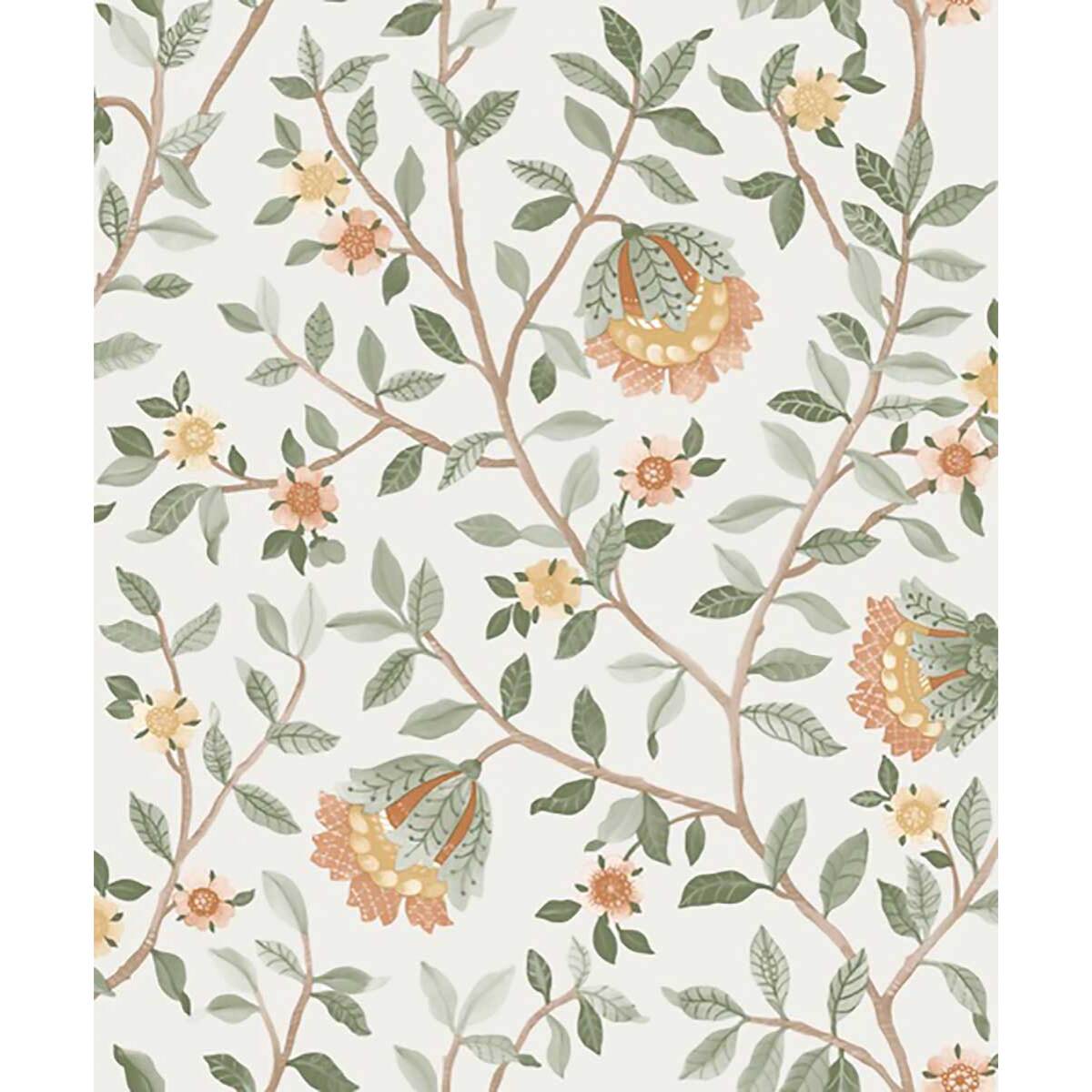 Papier peint fleuri botanique fond blanc cassé
