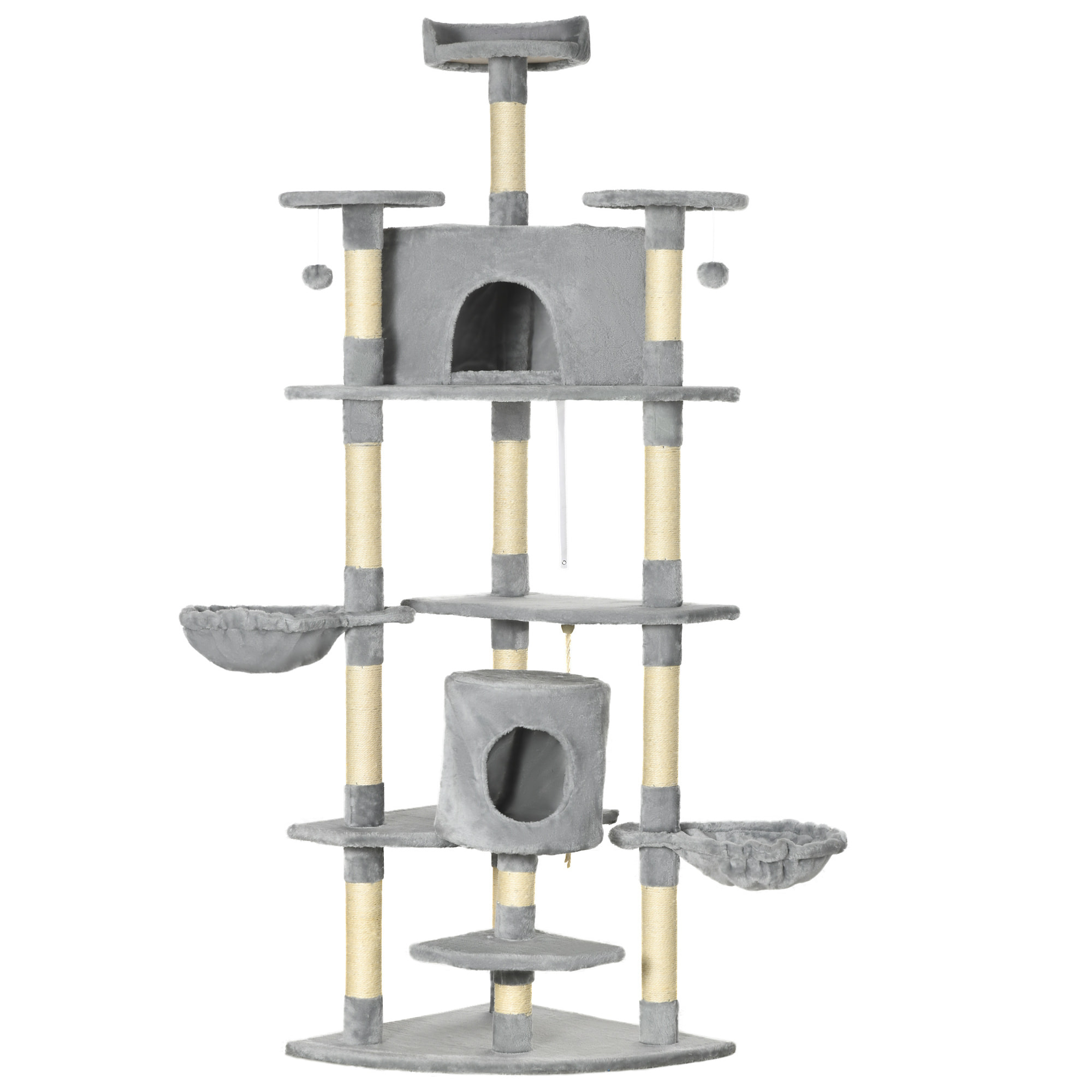 Arbre à chat multi-équipement griffoirs 2 niches 2 hamacs plateformes boules suspendues corde peluche grise