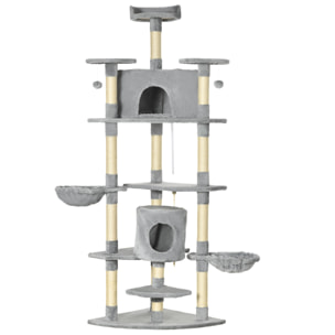 Arbre à chat multi-équipement griffoirs 2 niches 2 hamacs plateformes boules suspendues corde peluche grise