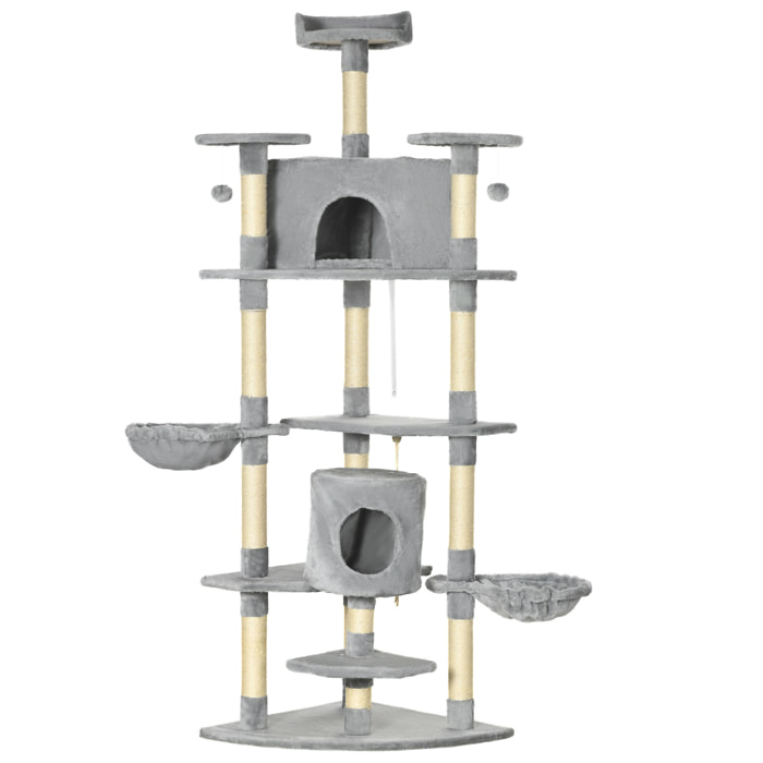 Arbre à chat multi-équipement griffoirs 2 niches 2 hamacs plateformes boules suspendues corde peluche grise