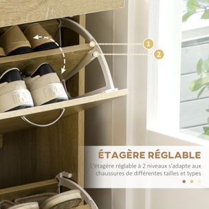 Armoire meuble à chaussures multi-rangement 2 abattants double niveau 2 tiroirs aspect chêne clair