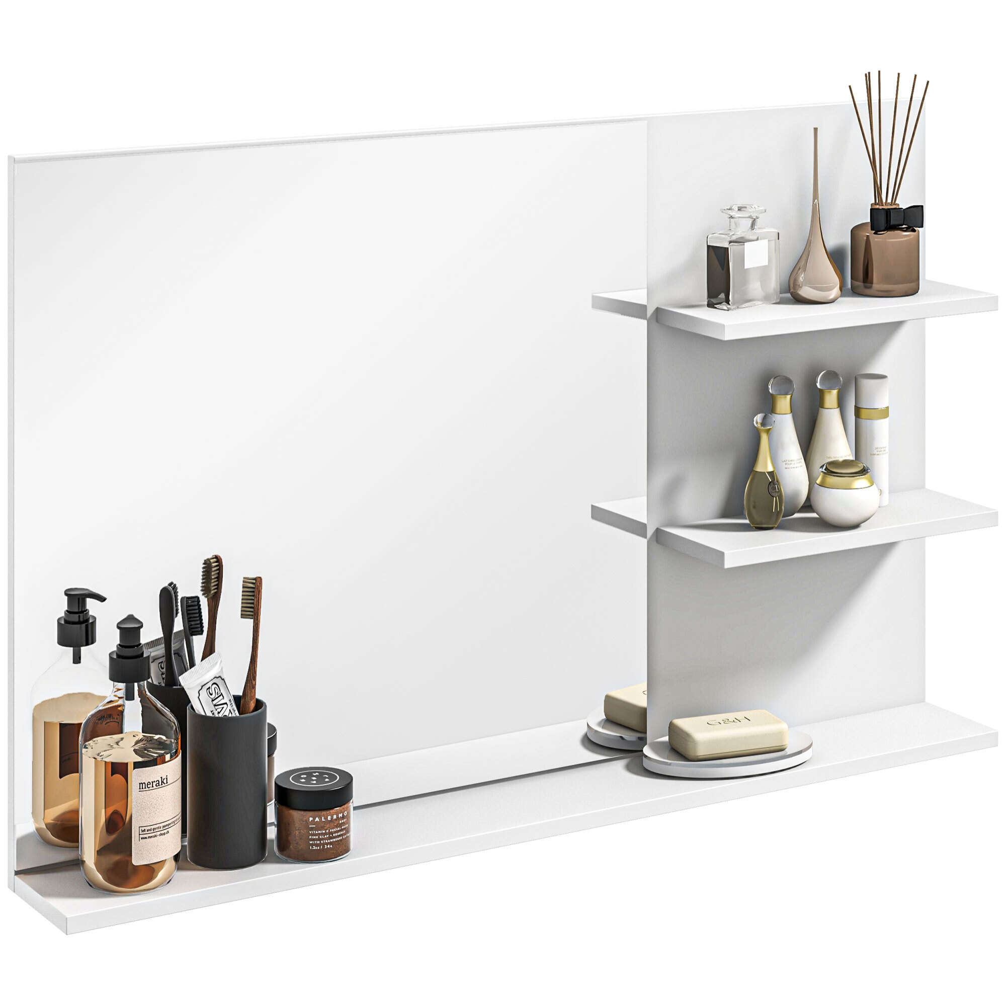 Espejo de Baño con 2 Estantes Laterales y Estante Inferior, Espejo de Pared, Estilo Moderno, para Entrada, Pasillo, 75x10x48 cm, Blanco