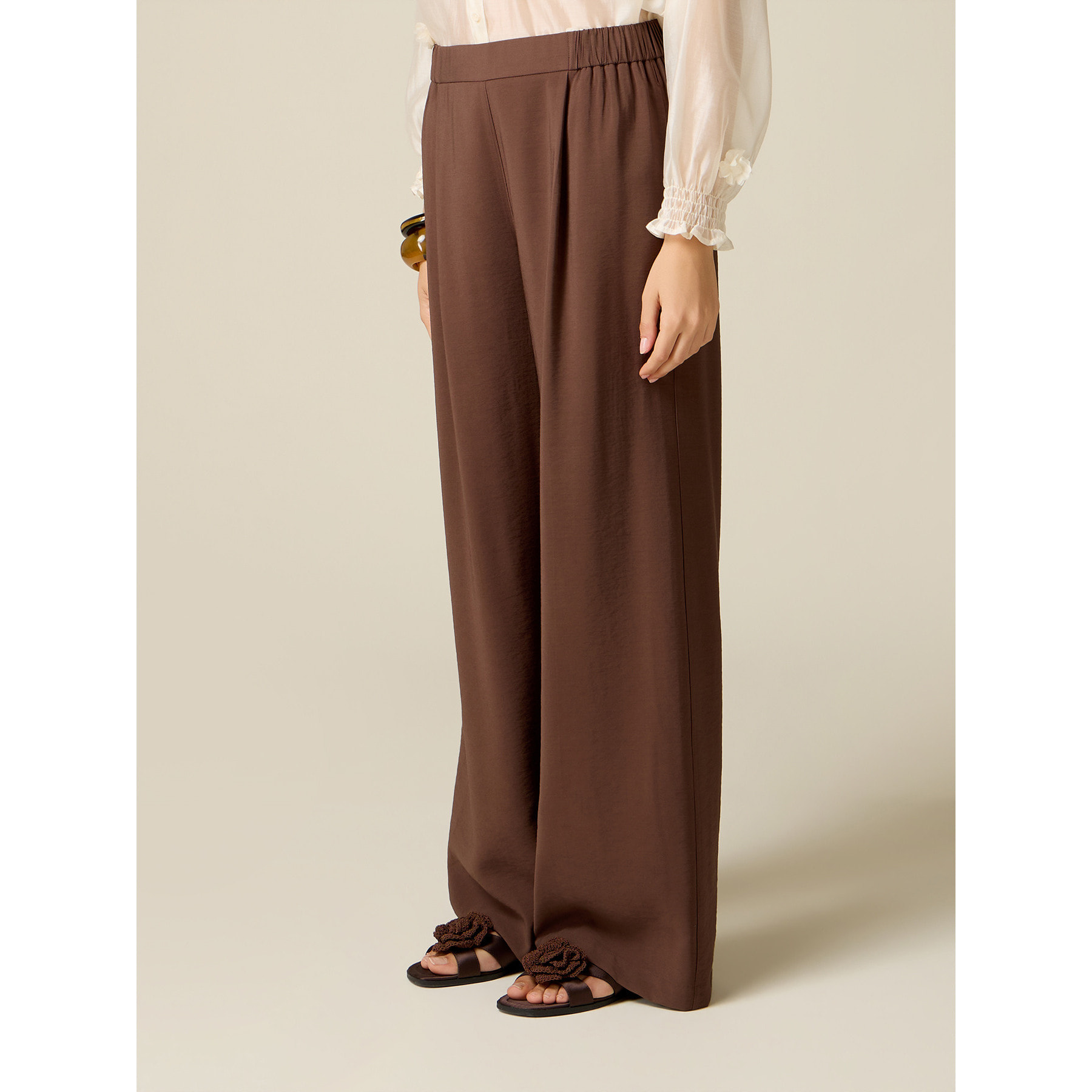 Oltre - Pantaloni wide leg misto viscosa - Marrone