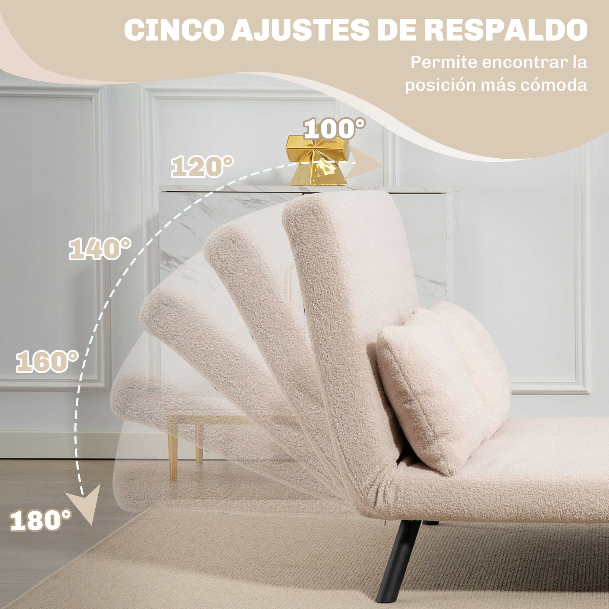 Sofá Cama de 2 Plazas 4 en 1 Sofá Cama Plegable Tapizado en Borreguito con Respaldo Ajustable de 5 Niveles y Almohadas Acolchadas para Oficina Dormitorio Salón 102x73x81 cm Beige