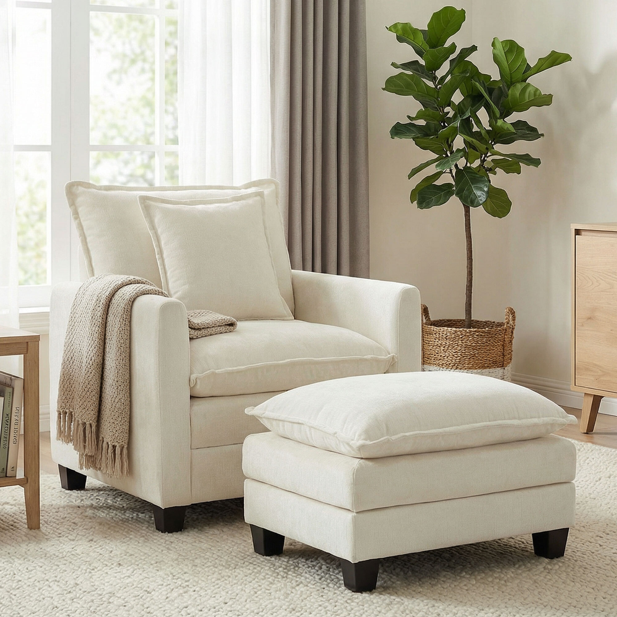 Fauteuil salon avec repose-pieds grand confort tissu chenille crème