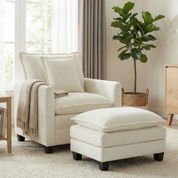 Fauteuil salon avec repose-pieds grand confort tissu chenille crème