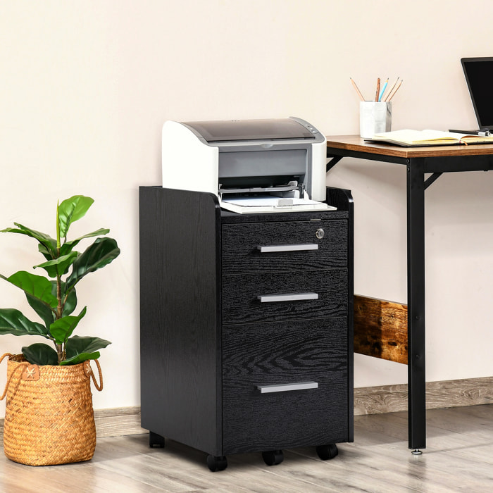 Caisson de bureau rangement bureau sur roulettes 3 tiroirs 1 verrouillable 1 trieur dossiers effet bois noir