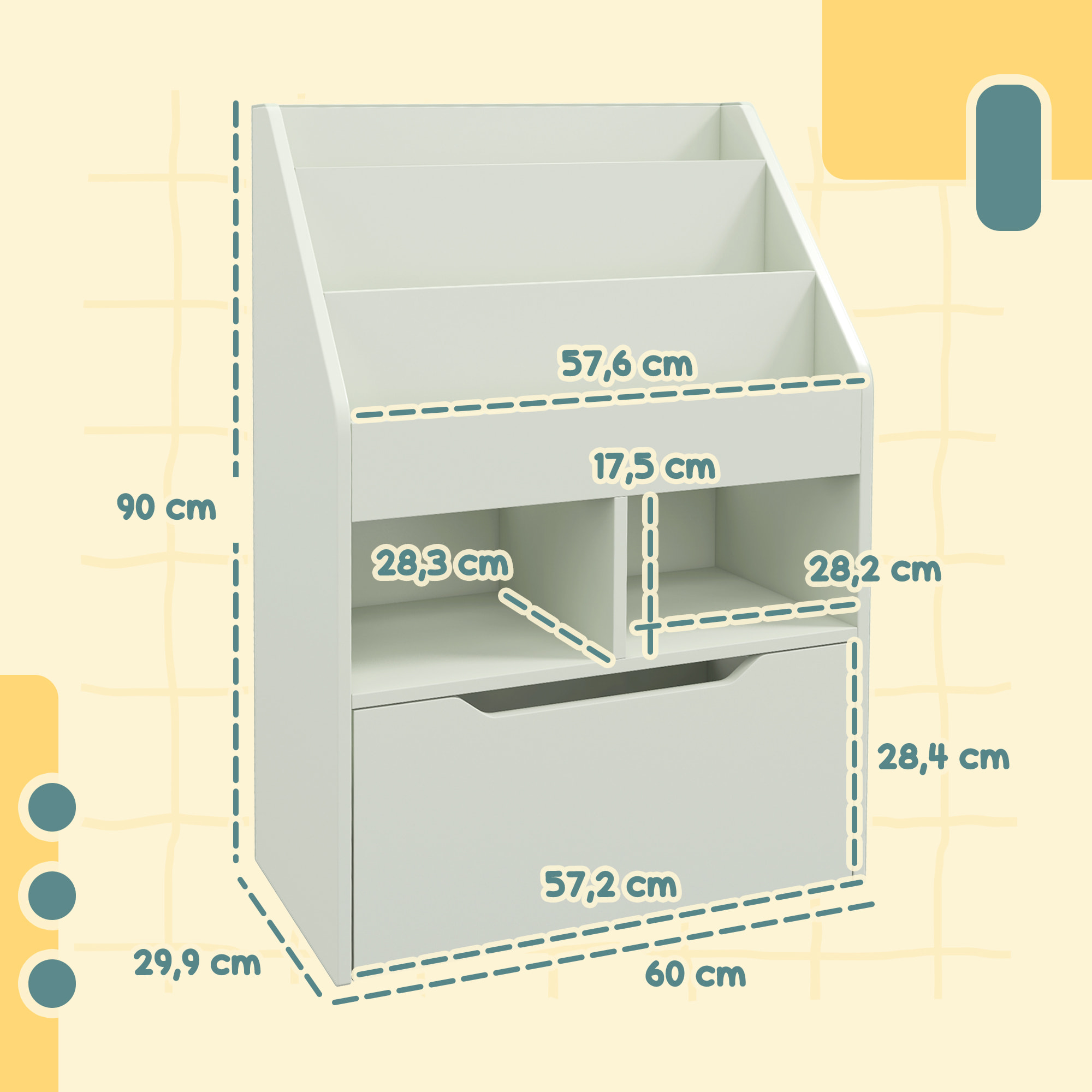 Estantería Infantil de Madera con 3 Compartimentos 2 Cubos y Cajón Móvil con 4 Ruedas Librería Infantil para Habitación de Niños Sala de Juegos 60x29,9x90 cm Verde