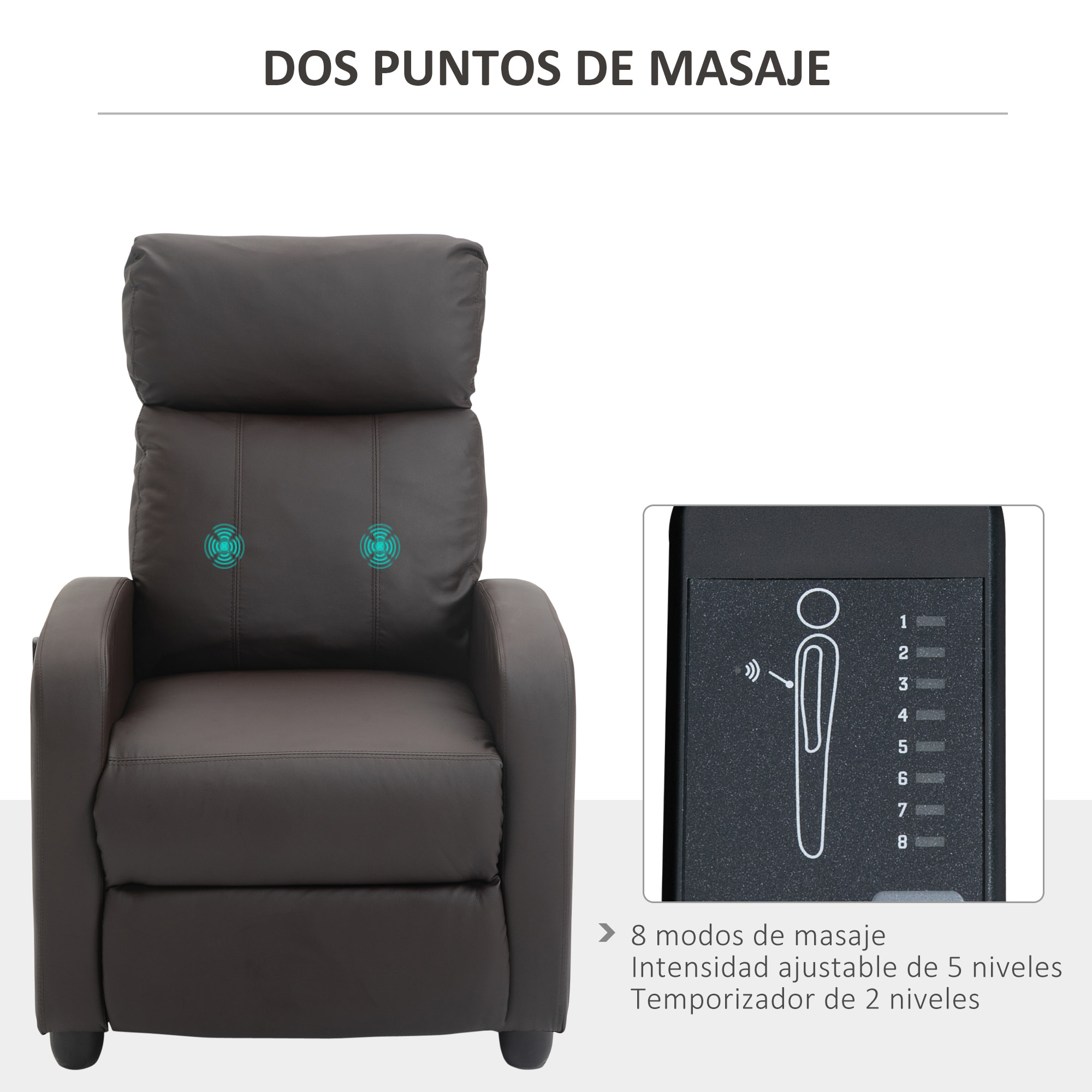 Sillón de Masaje Relax Reclinable con Mando a Distancia 2 Zonas de Masaje 8 Programas 5 Niveles de Intensidad y Temporizador Tapizado en PU 68x88x98 cm Marrón