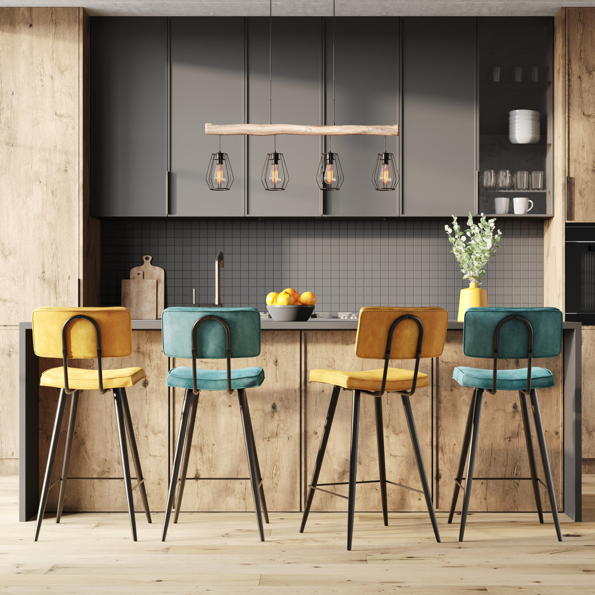 Pack 4 chaises pour îlot central bleue et jaune 66 cm - Texas