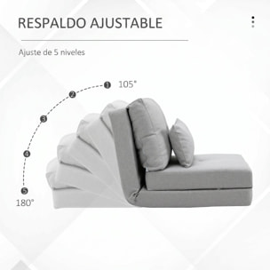 HOMCOM Sofá Cama Individual Plegable 3 en 1, Sofá Cama, Tapizado en Lino, con Respaldo Ajustable 5 Posiciones, Almohadas, Marco Metálico, para Dormitorio, Salón, Gris Claro