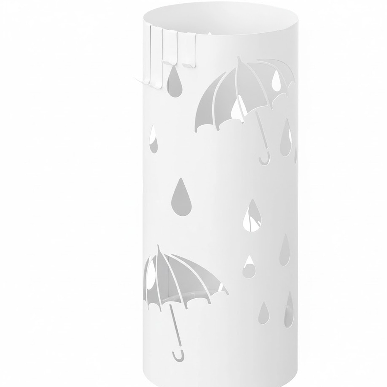 Portaombrelli Rotondo In Acciaio Zincato Con Vaschetta Scolapioggia E 4 Ganci Removibili Base Antiscivolo Design Moderno Ingresso 41 x 17 Cm Bianco