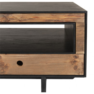 ANDREA - Table basse 4 tiroirs 1 niche bois Pin recyclé naturel et noir