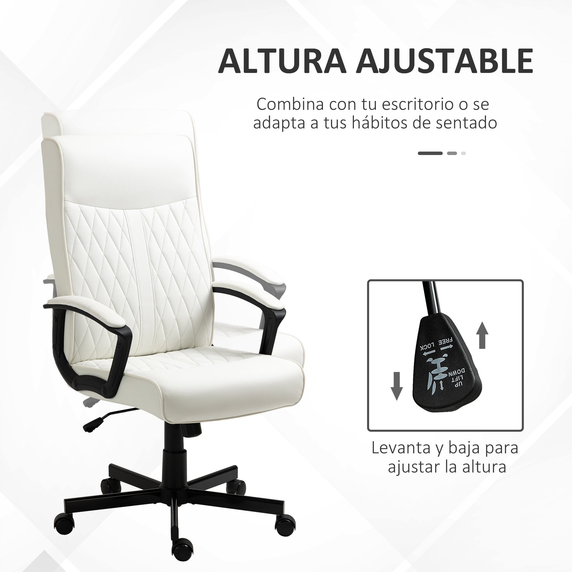 Silla de Oficina Giratoria Silla de Escritorio Basculante Tapizado en PU con Respaldo Alto y Altura Ajustable para Salón Oficina Carga 120 kg 65x72x102-112,5 cm Blanco Roto
