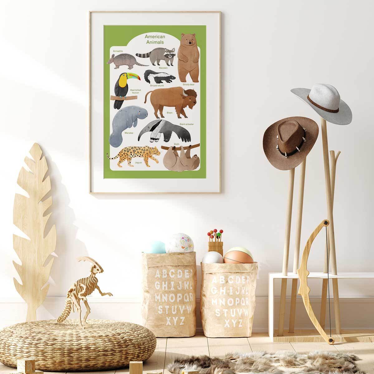 Affiche enfant animaux d'amérique  Affiche + cadre en bois - Chêne