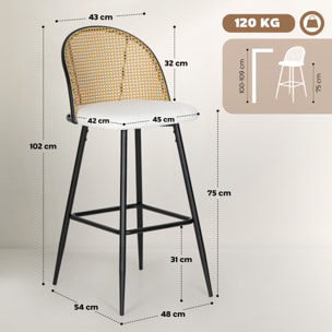 Juego de 2 Taburetes de Bar, Taburetes Altos de Cocina con Respaldo de Ratán, Asiento Tapizado en Borreguito, Marco de Acero y Reposapiés para Comedor, Mostrador, Blanco Crema