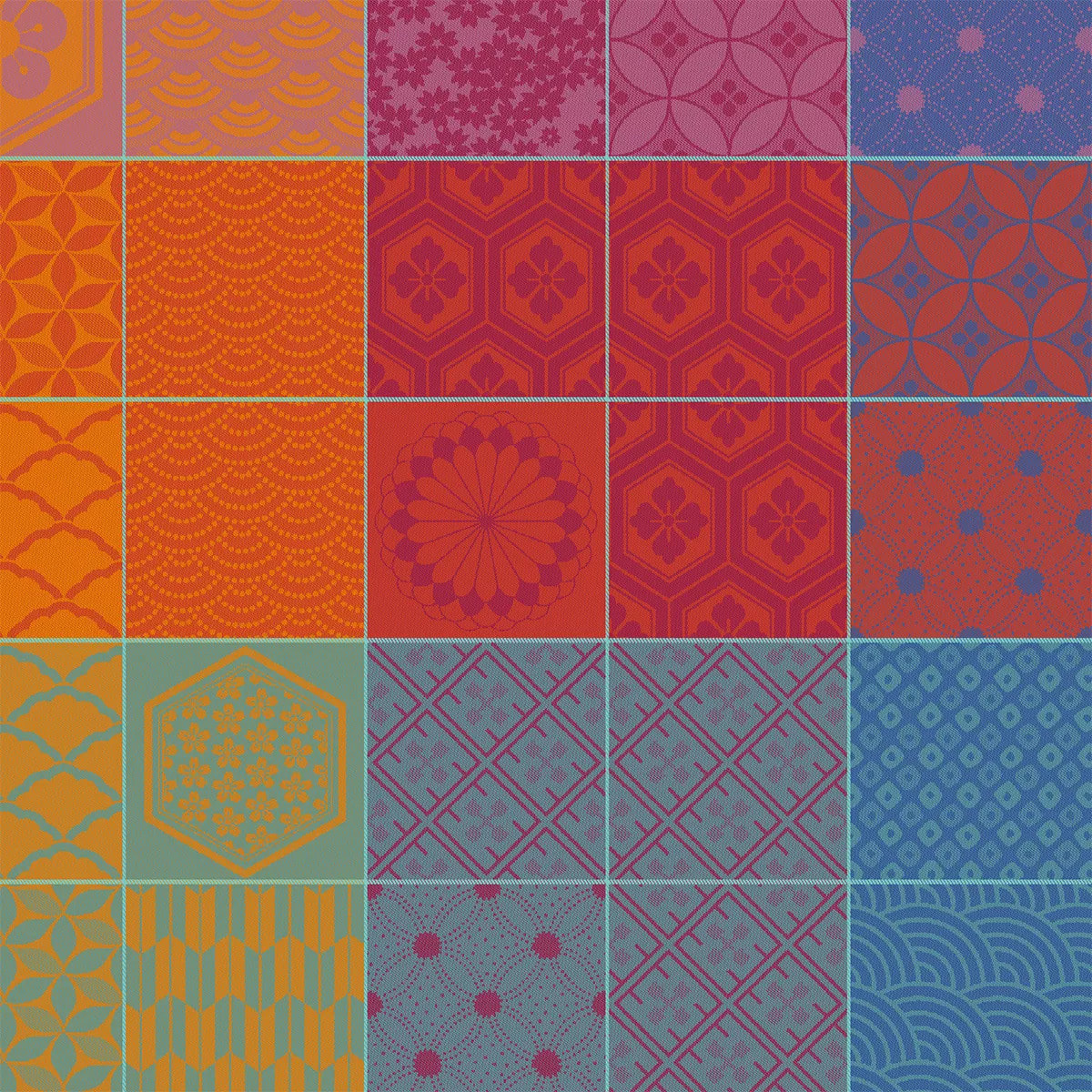 Serviette pur coton motif jacquard orange violet Mille hana floralies