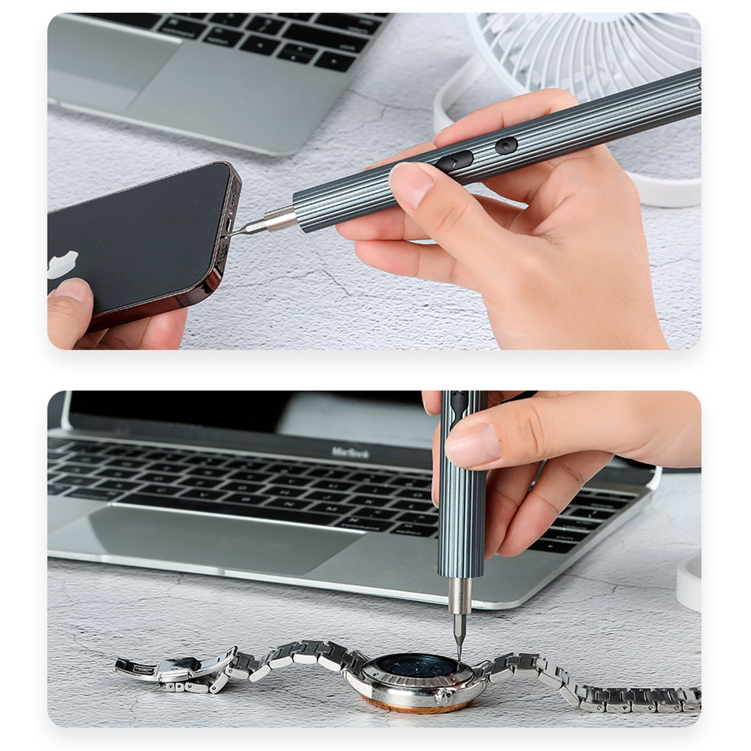 Destornillador eléctrico 33 en 1 con giro bidireccional, luces de trabajo, puntas magnéticas, 200rpm y batería de 350mAh.