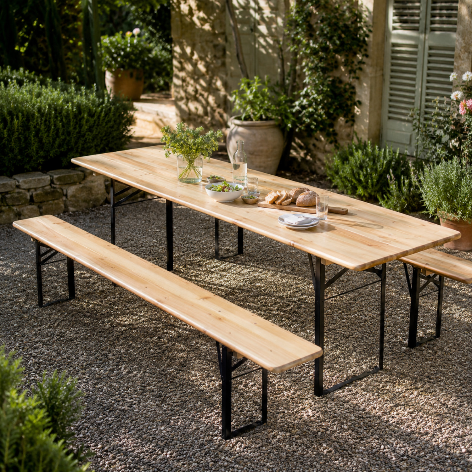Set Birreria Completo Tavolo Con 2 Panche In Legno Naturale Gambe Pieghevoli Facile Trasporto Mobili Per Bar Pub Giardino Piscina Fiera Picnic Camping