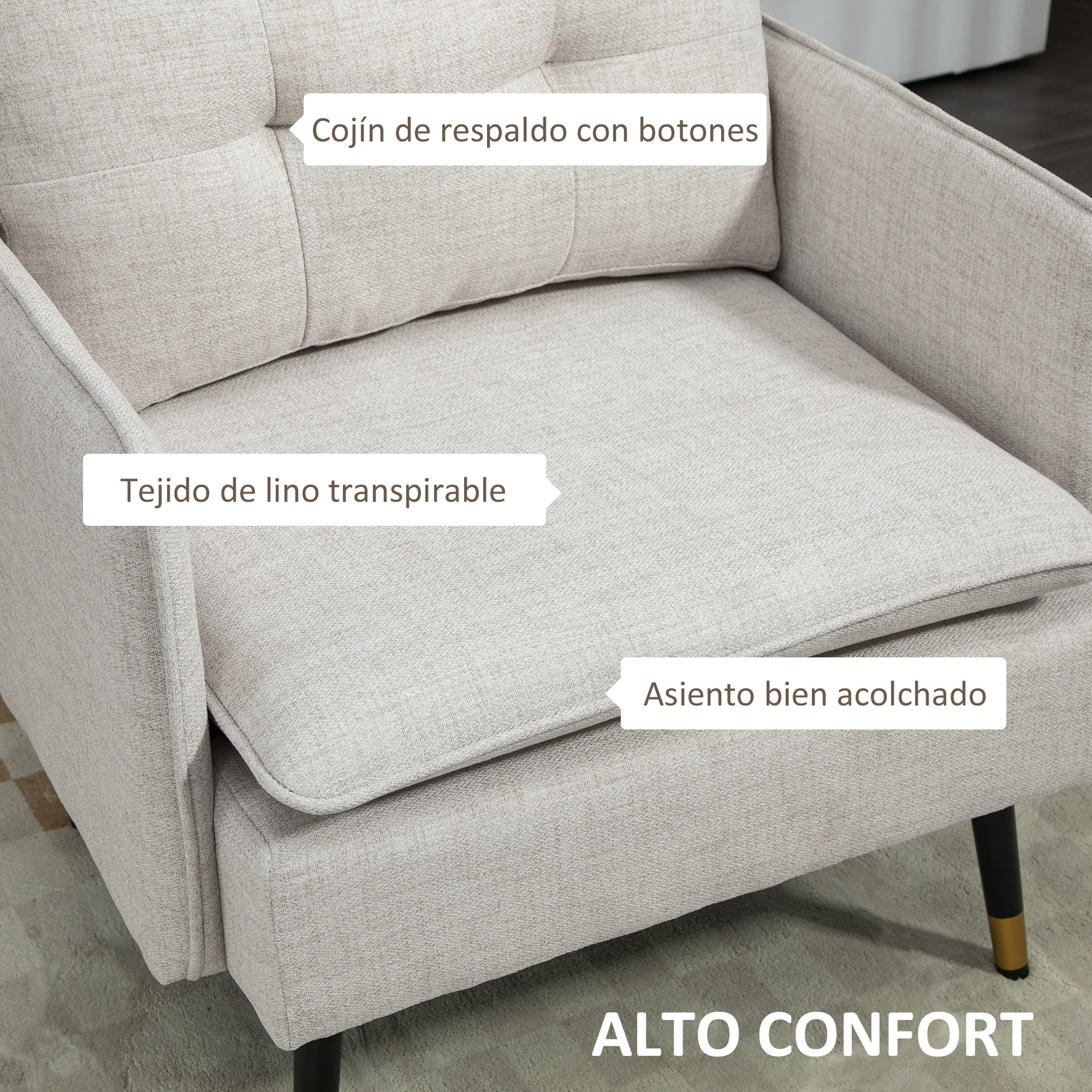 Sillón de Salón Tapizado en Lino Butaca de Salón 76 cm con Cojines Reposabrazos y Patas de Acero para Dormitorio Oficina Carga 120 kg Crema