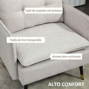 Sillón de Salón Tapizado en Lino Butaca de Salón 76 cm con Cojines Reposabrazos y Patas de Acero para Dormitorio Oficina Carga 120 kg Crema