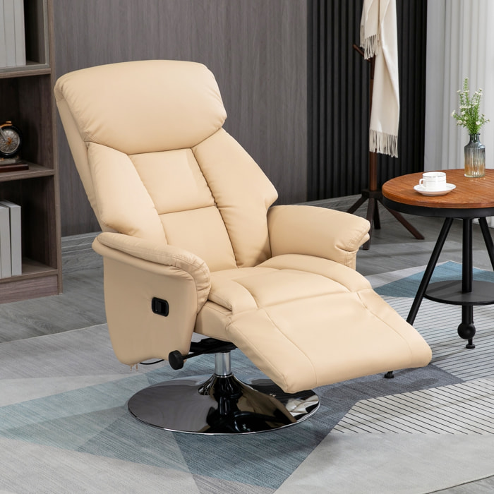 Fauteuil relax inclinable repose-pied réglable pivotant 360° piètement métal chromé revêtement synthétique beige