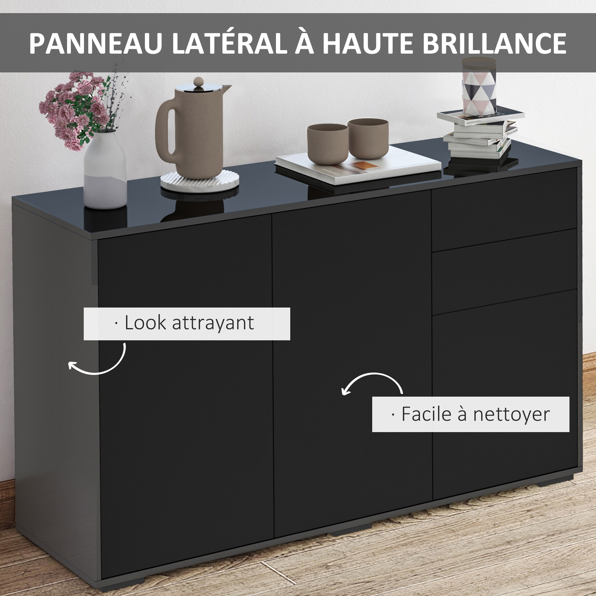 Commode buffet de rangement 2 tiroirs coulissants 3 portes étagère réglable panneaux de particules 117 x 36 x 74 cm noir