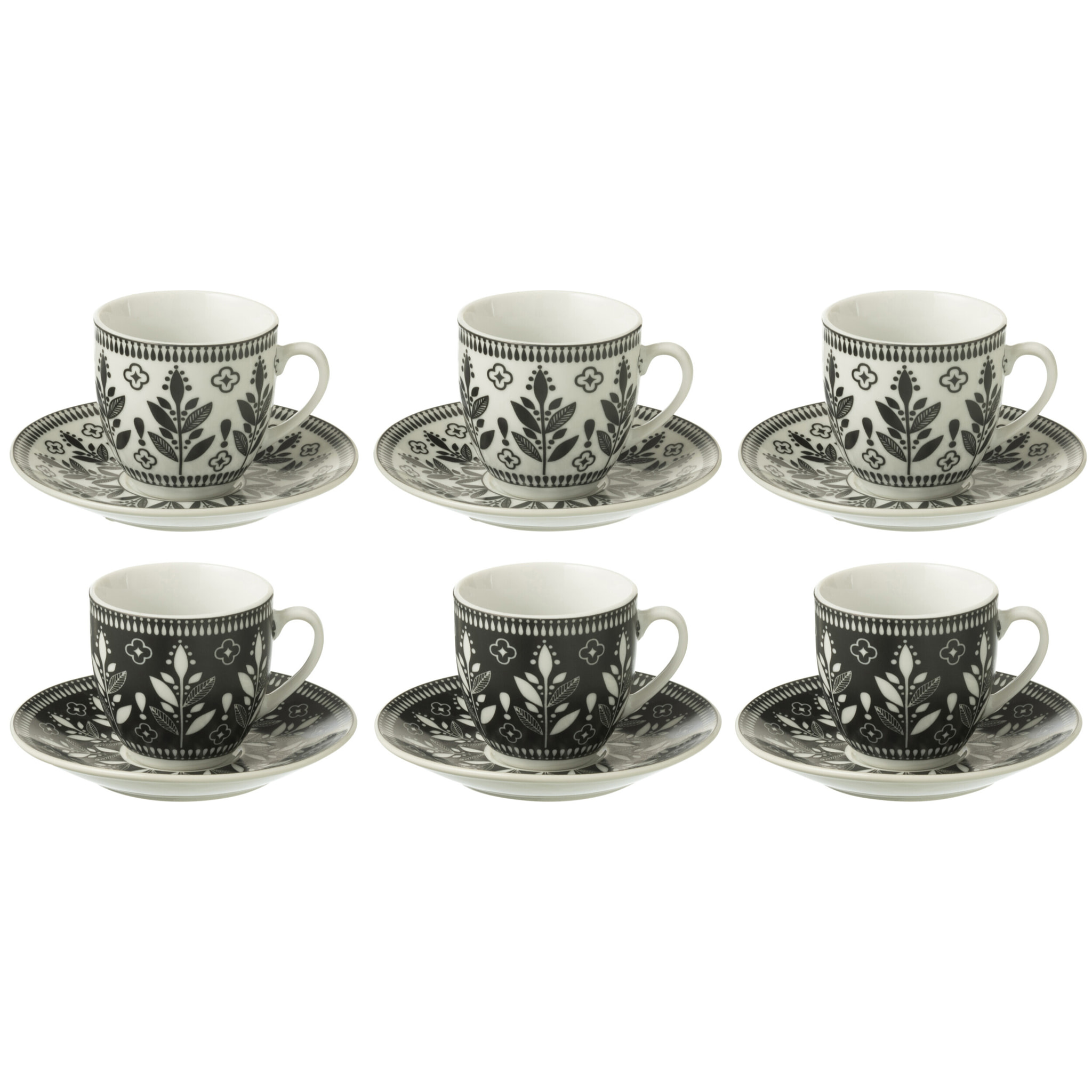 J-Line tasse + sous-Tasse Feuilles - céamique - noir/blanc - boîte de 6