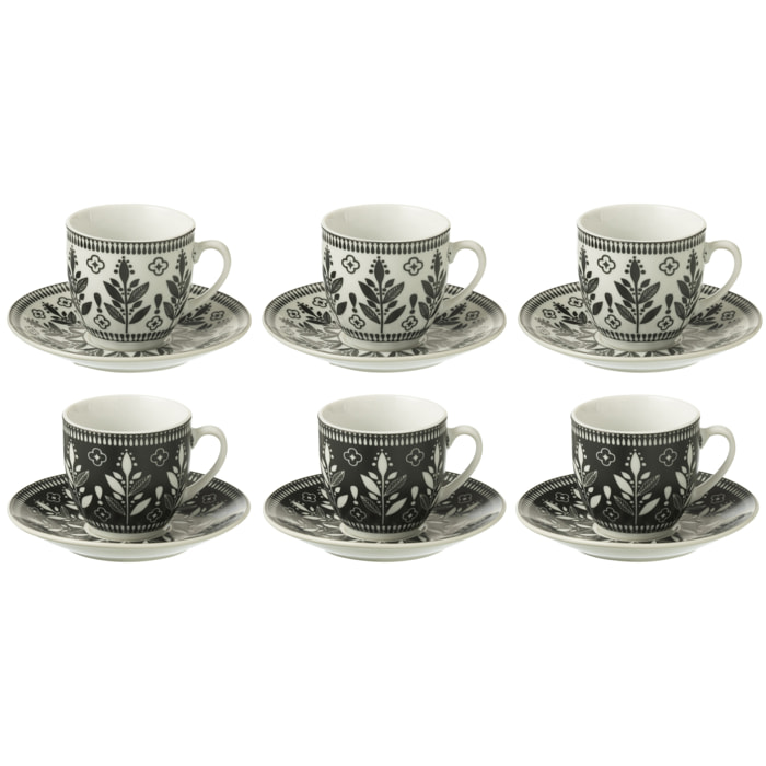 J-Line tasse + sous-Tasse Feuilles - céamique - noir/blanc - boîte de 6