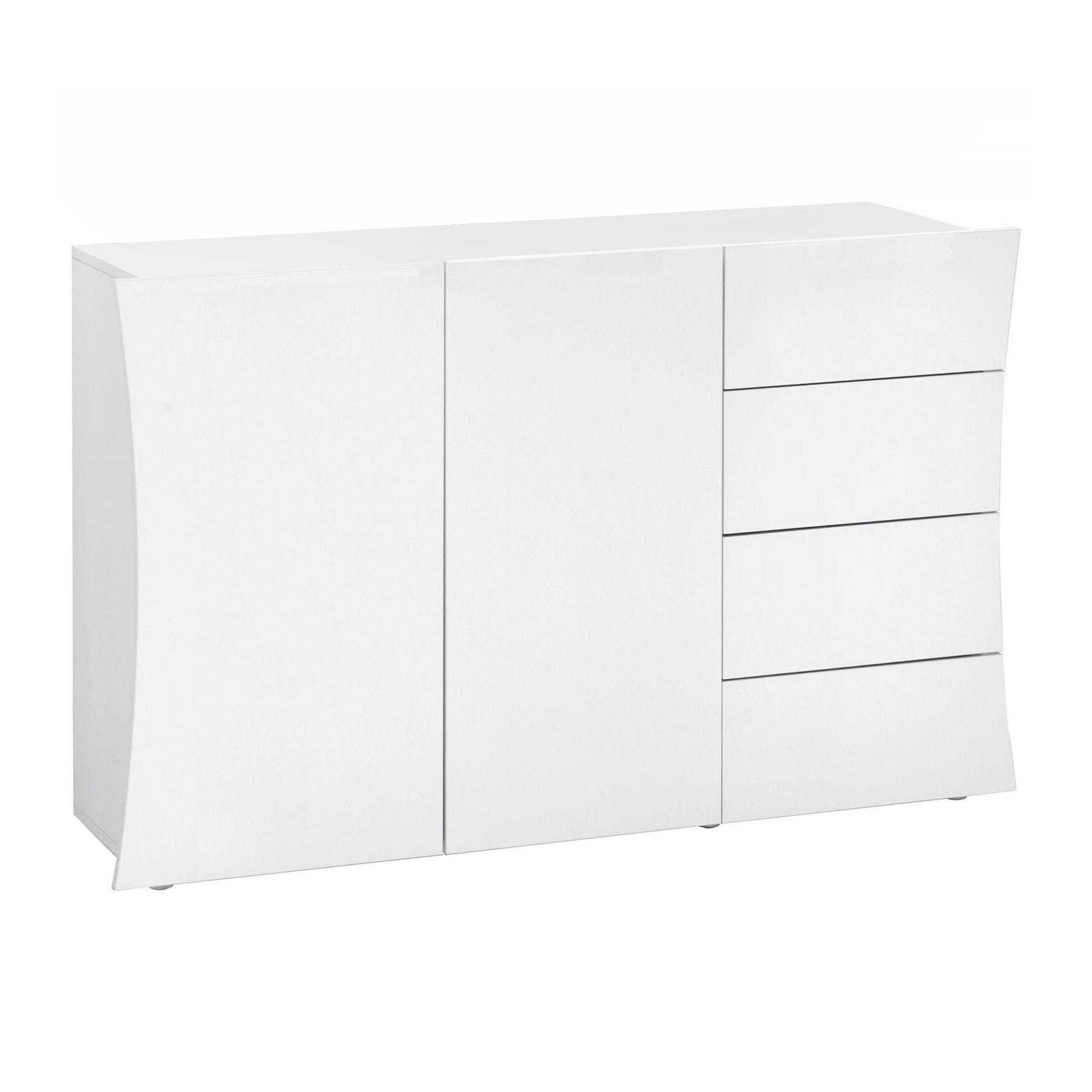 Credenza moderna, Madia di design a 2 ante e 4 cassetti, Made in Italy, Mobile Porta TV, Buffet da soggiorno, cm 124x40h82, colore Bianco lucido