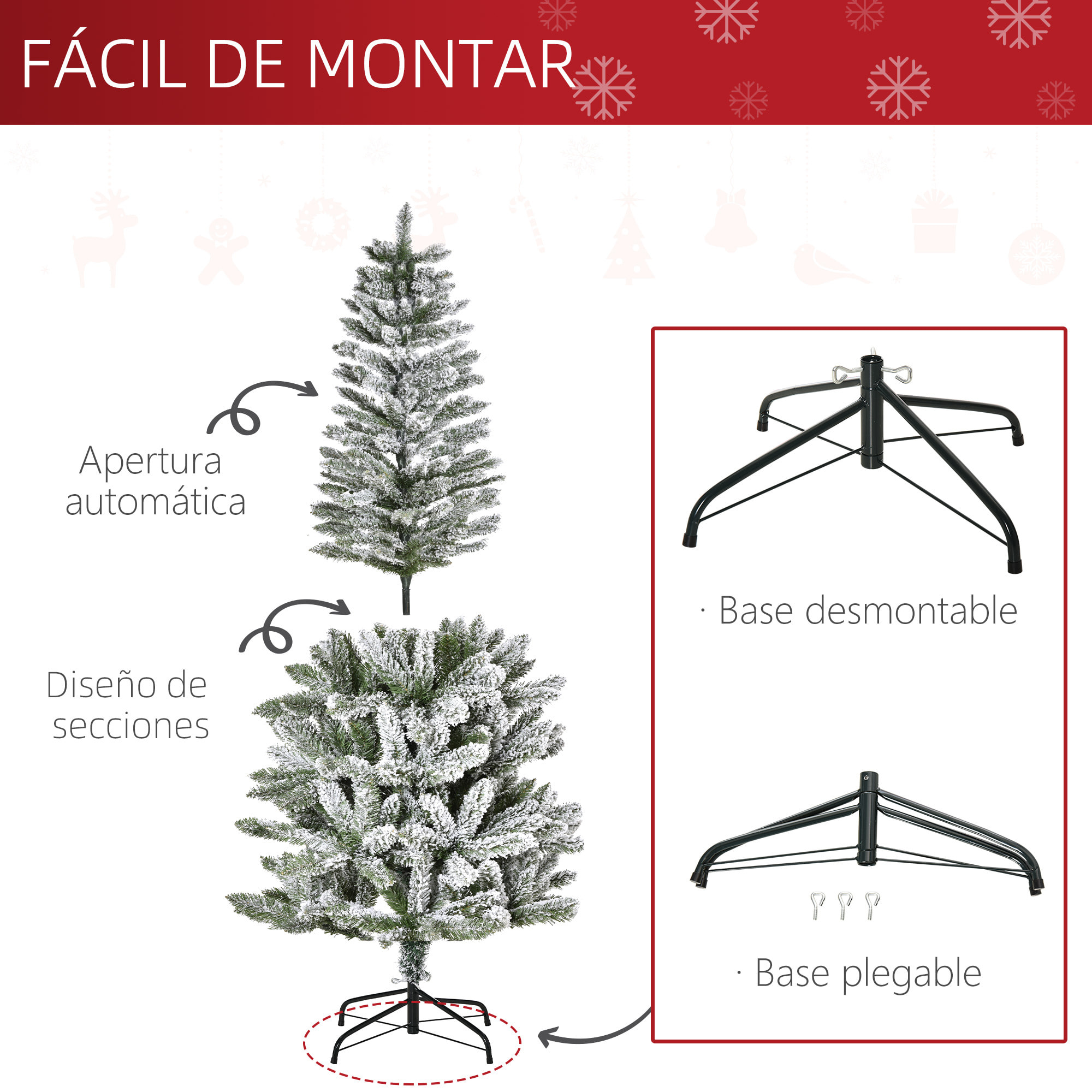 HOMCOM árbol de Navidad Nevado Artificial 180 cm con 394 Ramas Ignífugas de PVC Apertura Automática Base Plegable y Soporte de Acero Decoración Interior Ø60x180 cm Verde y Blanco