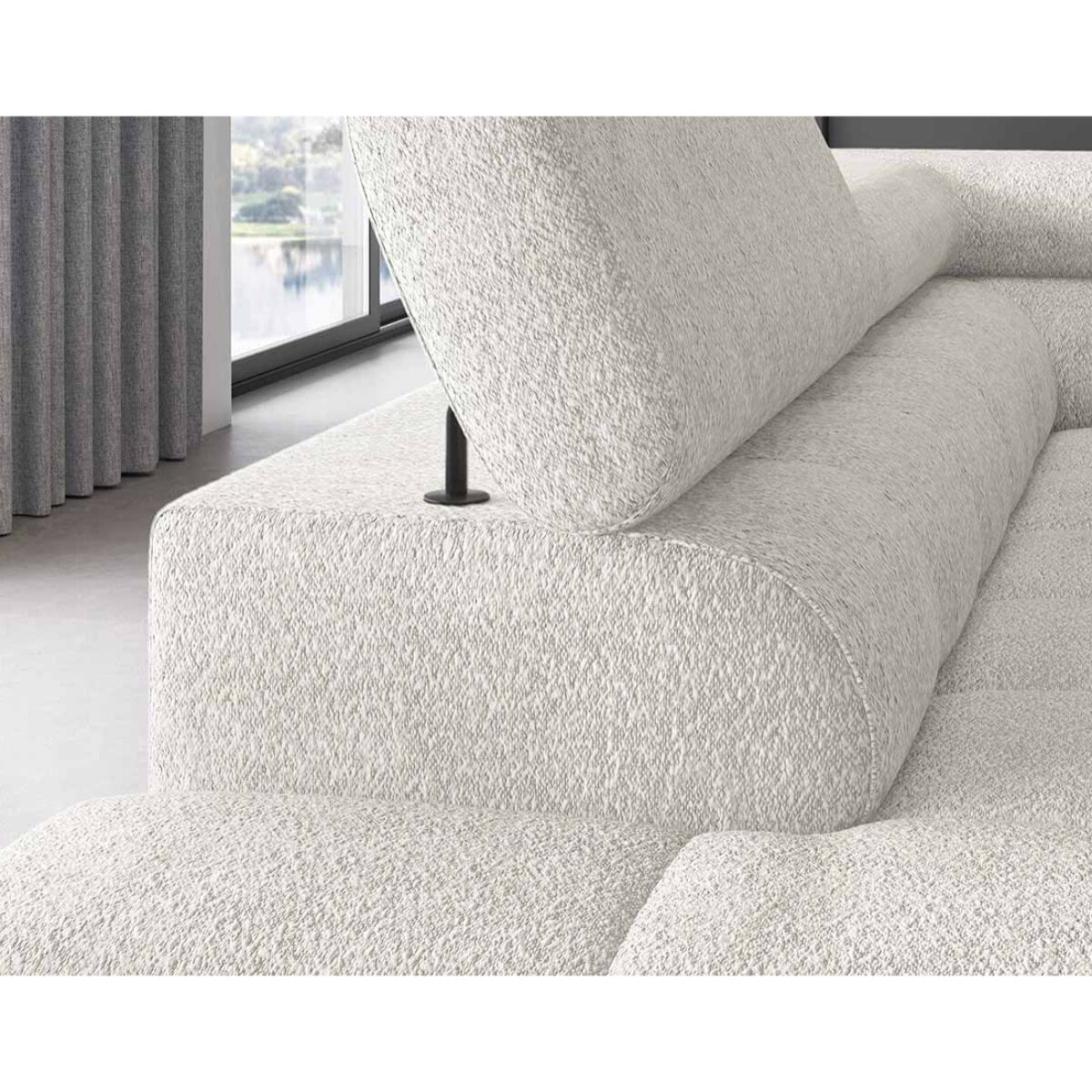 Elisa - canapé d'angle gauche 5 places convertible avec coffre et têtières réglables en tissu bouclette - Blanc