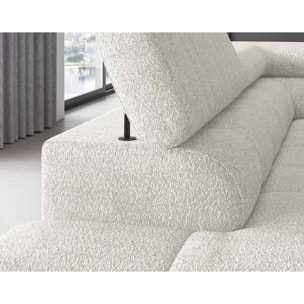 Elisa - canapé d'angle gauche 5 places convertible avec coffre et têtières réglables en tissu bouclette - Blanc