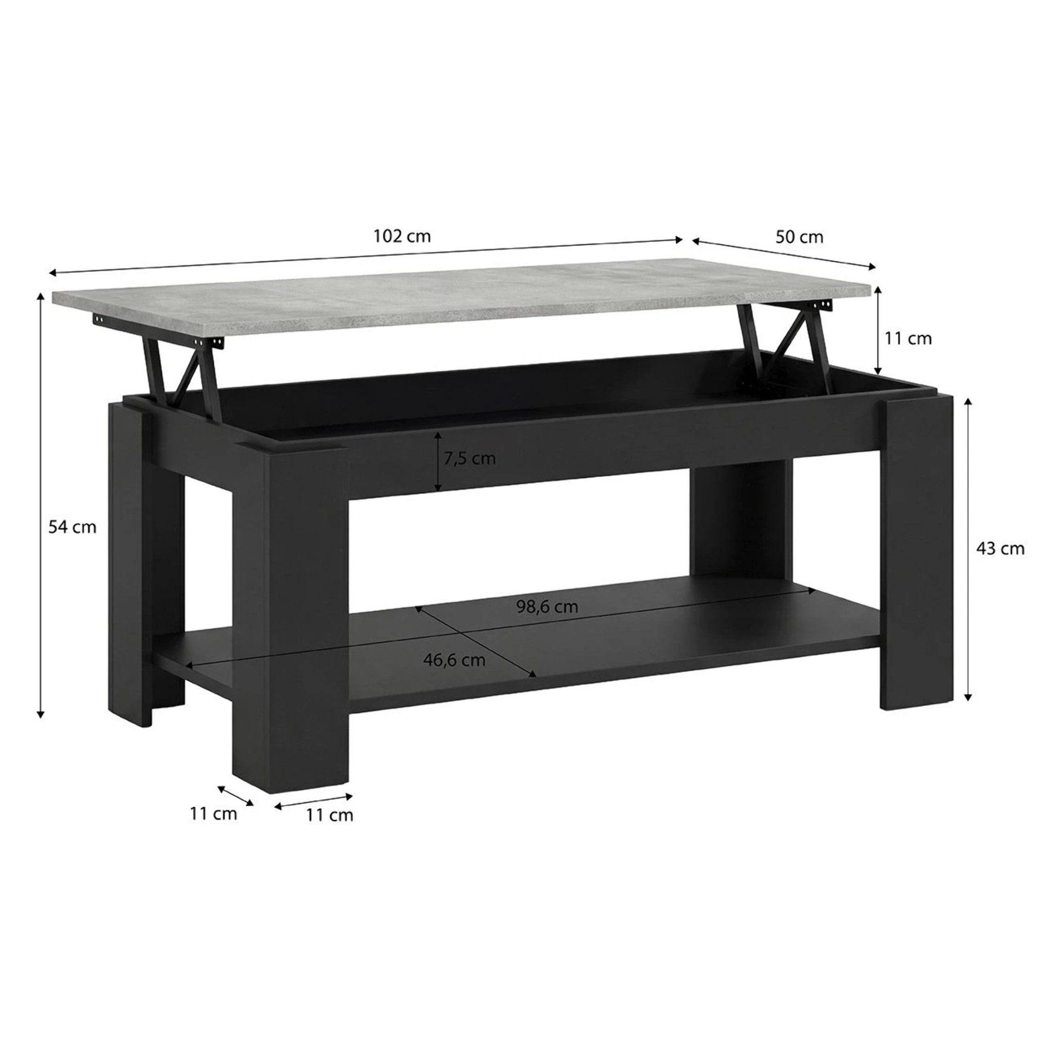 Mesa de centro elevable con almacenaje en negro mate y gris cemento 102x43-54 cm Lya Negro Mate - Gris Cemento
