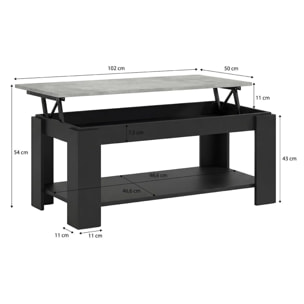 Mesa de centro elevable con almacenaje en negro mate y gris cemento 102x43-54 cm Lya Negro Mate - Gris Cemento