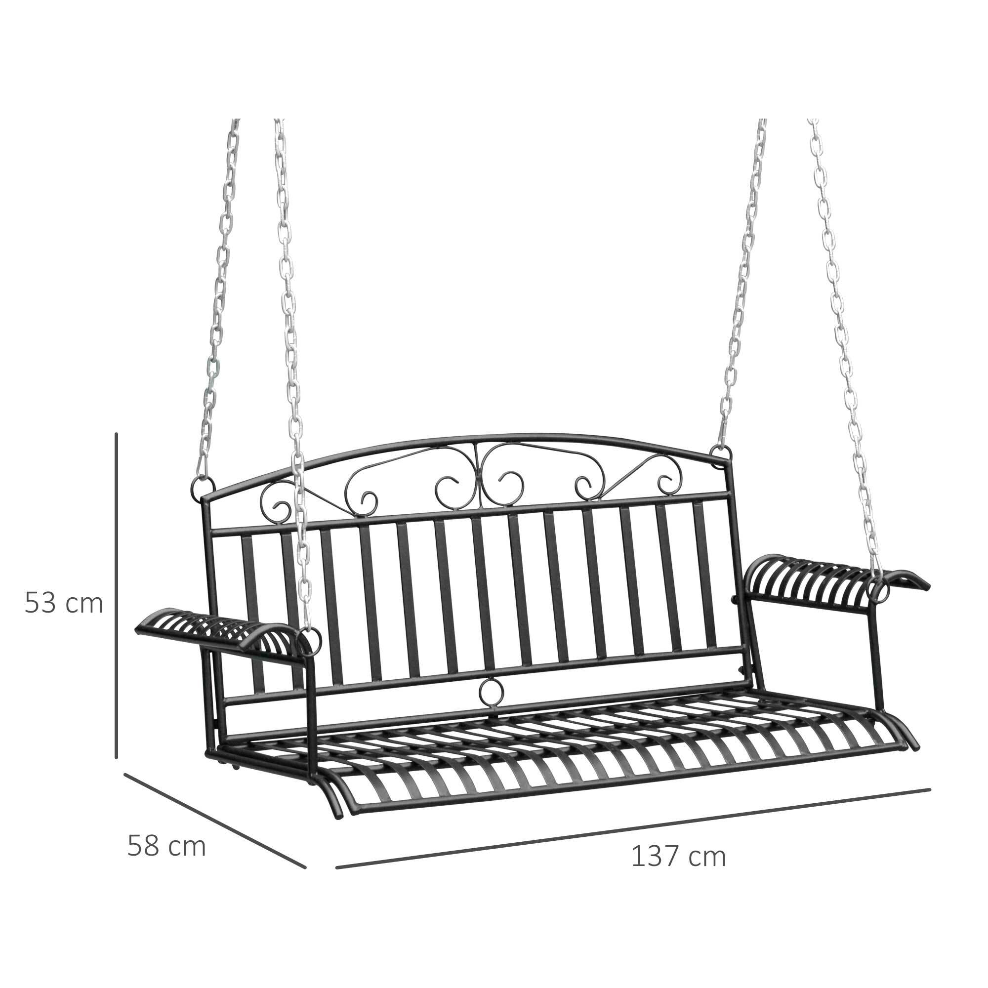 Banc suspendu 2 places balancelle de jardin en métal dim. 137L x 58l x 52H cm noir