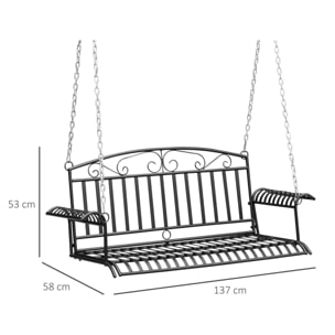 Banc suspendu 2 places balancelle de jardin en métal dim. 137L x 58l x 52H cm noir