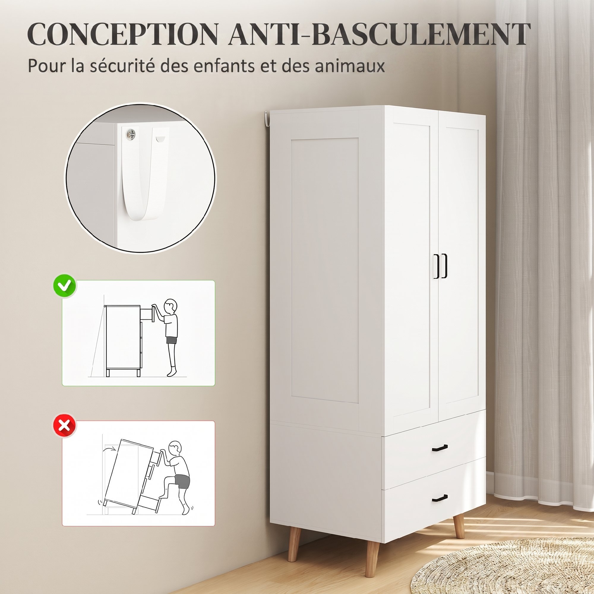 Armoire penderie 2 portes 2 tiroirs et barre de suspension, 80x54x180cm, blanc