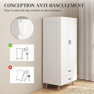 Armoire penderie 2 portes 2 tiroirs et barre de suspension, 80x54x180cm, blanc