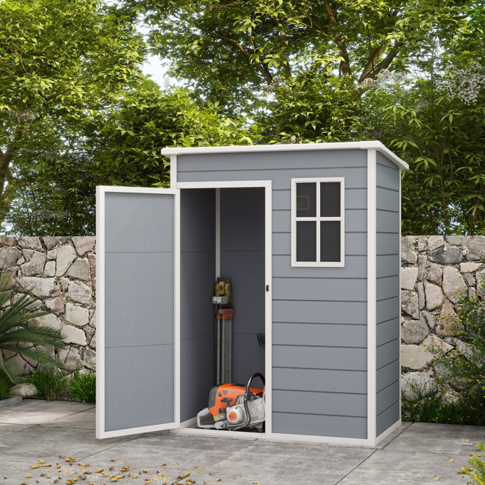 Caseta de Jardín Exterior, 1,14 m², 151x92x193 cm, Cobertizo de Jardín Exterior Metálico con Suelo, Puerta Corredera, Ventana y Techo Inclinado, para Almacenamiento de Herramientas, Gris