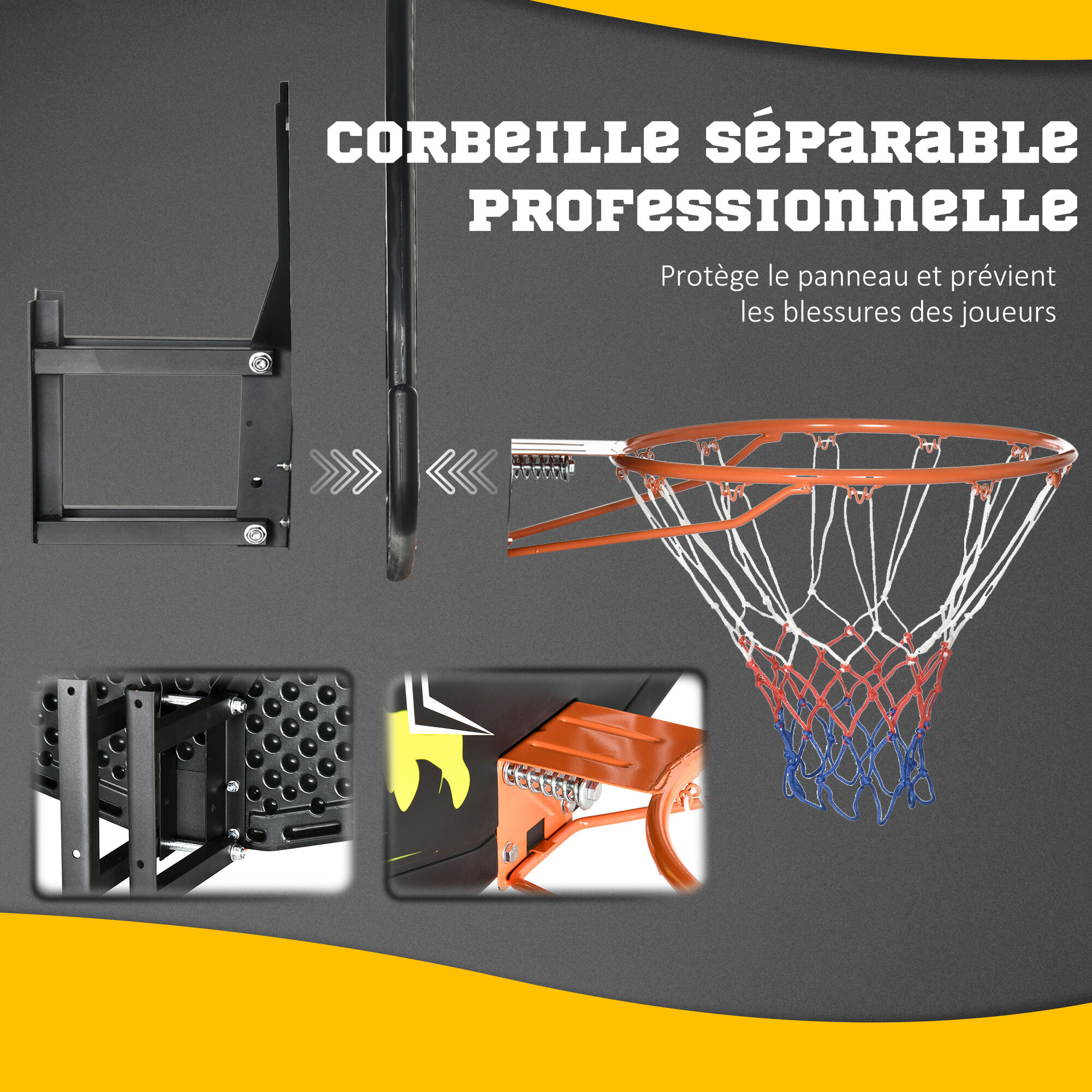 Panier de basket-ball mural avec ressort - panneau de basket à accrocher - visserie incluse - acier PE jaune noir