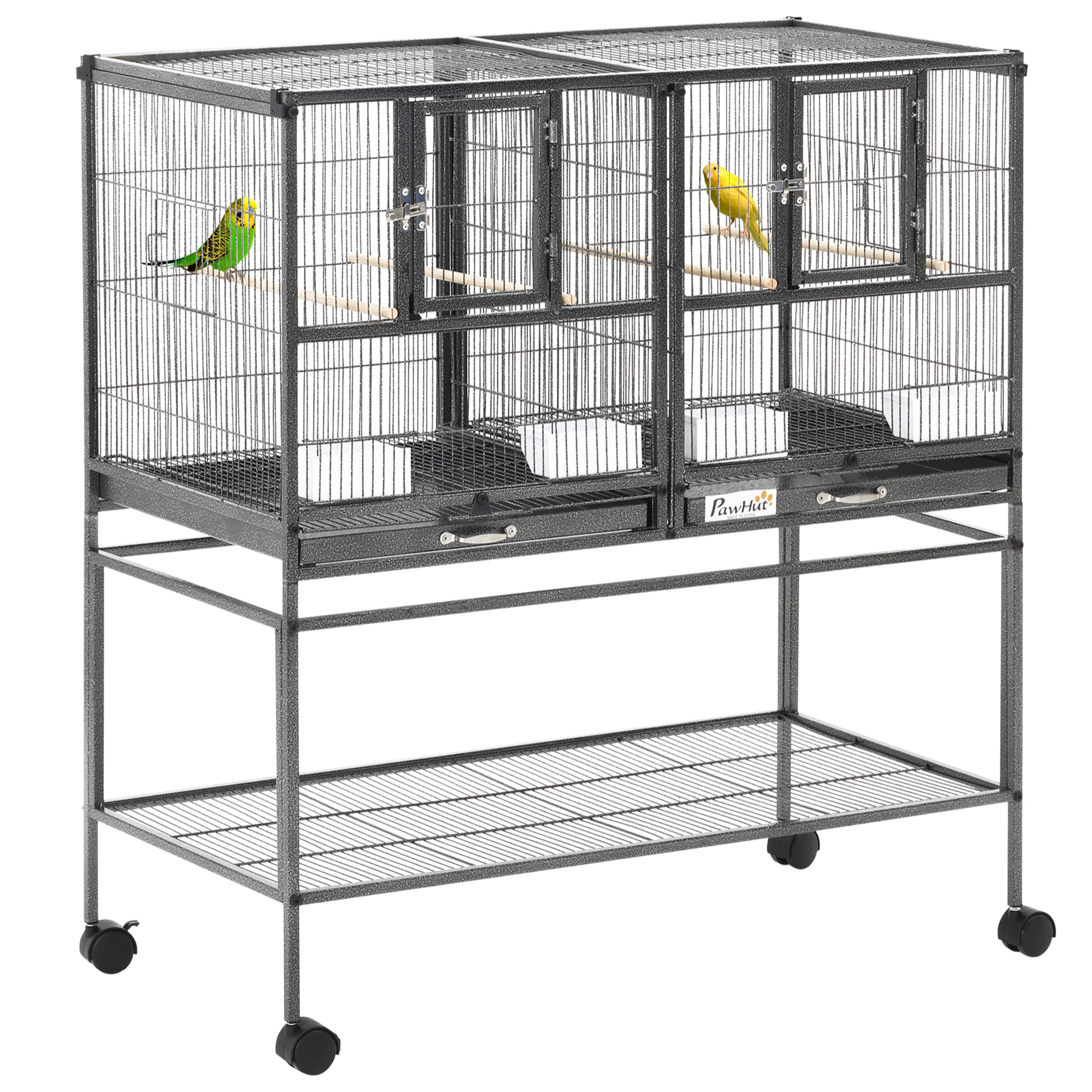 Cage à oiseaux avec séparation mangeoire et perchoir 95L x 45l x 102H cm Noir et Gris